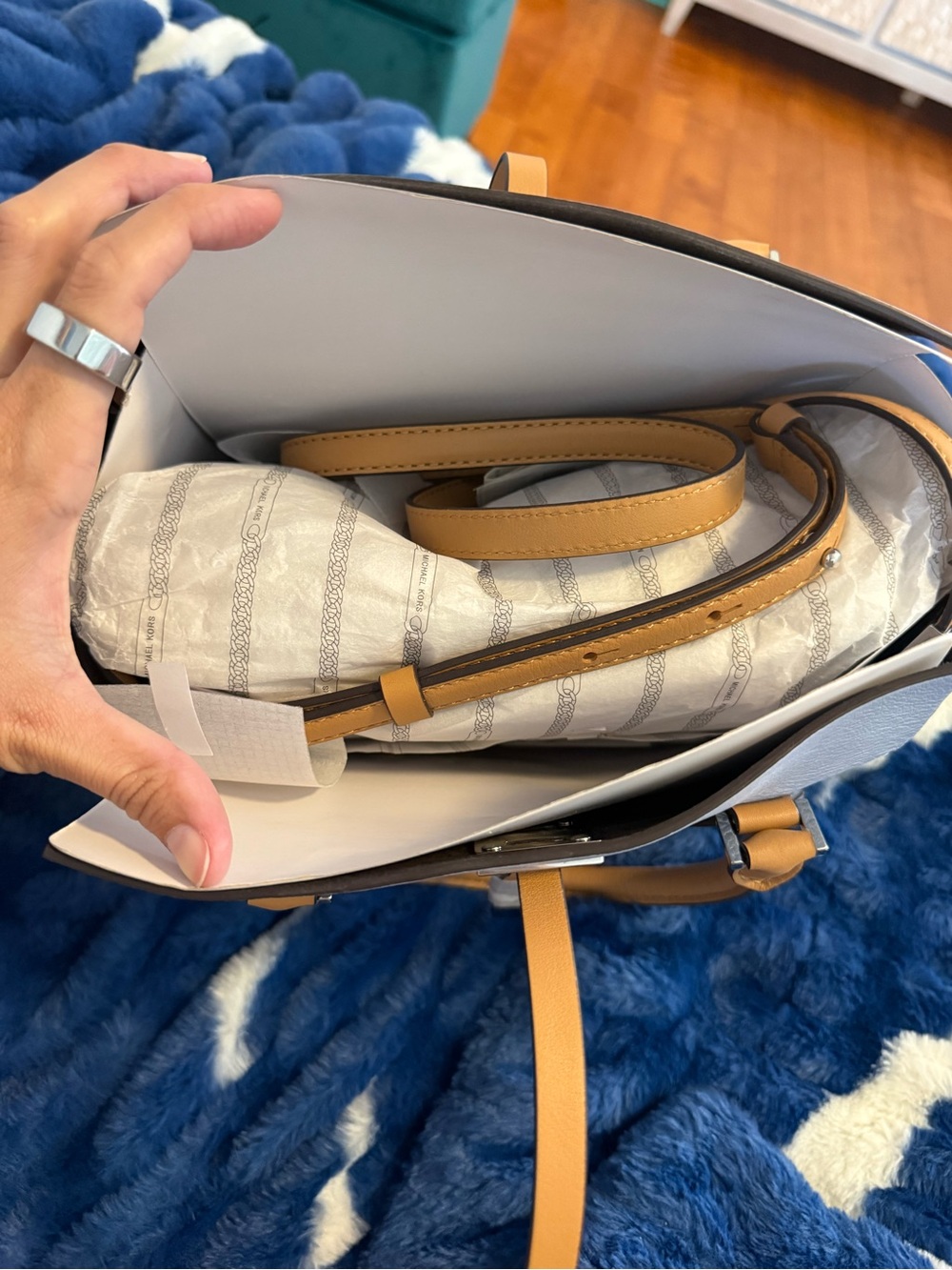 Michael Kors Collection Blue Leather Satchel with Tan Accents - Picture 9 of 13